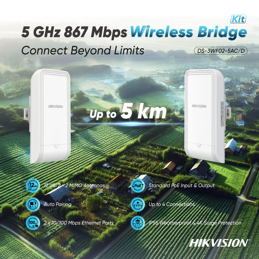 Hikvision 5Ghz 867Mbps 5km Wireless Bridge Kit image 1