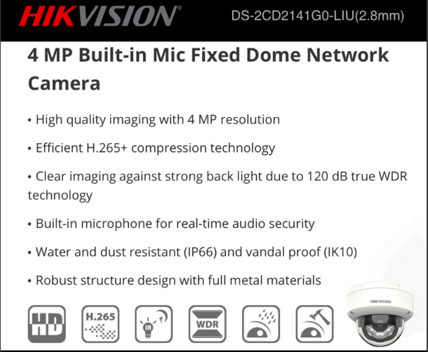 Hikvision 4MP IP Dome Camera (2.8mm) Smart Hybrid with Audio image 2