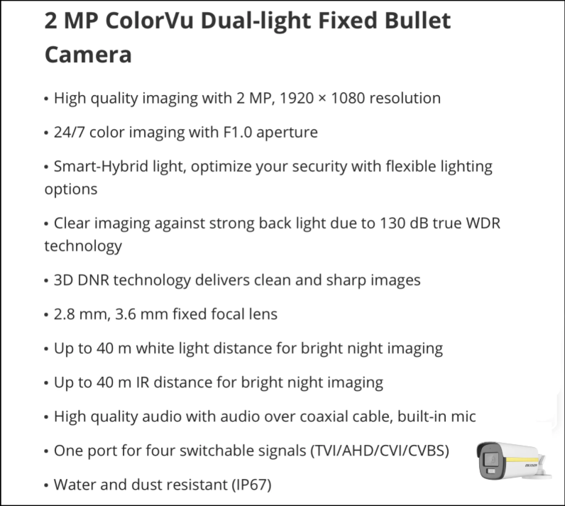 Hikvision 2MP Colorvu Smart Hybrid Audio Bullet Camera - Gold Series - 40m image 1